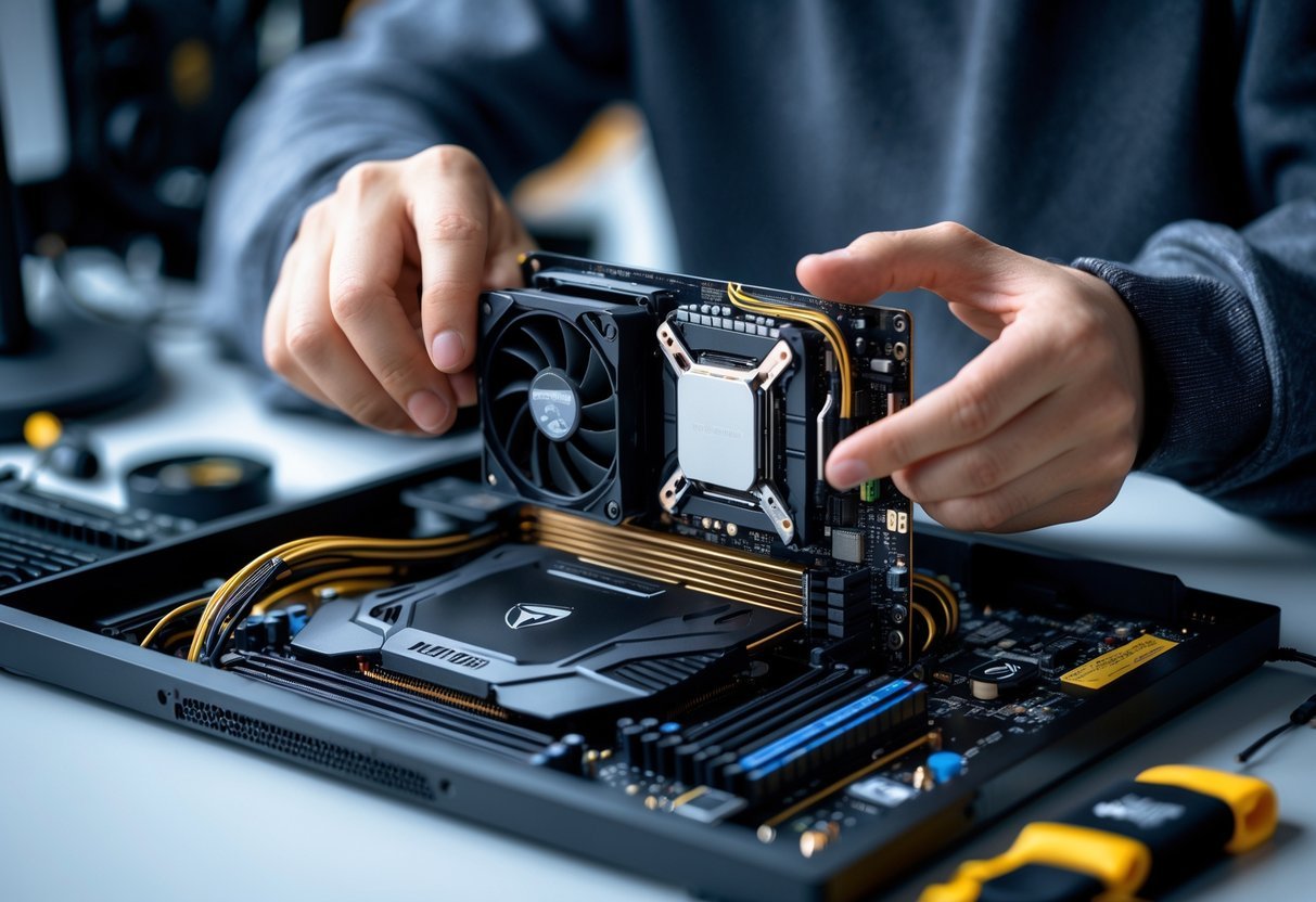 Close-up of hands installing a CPU and GPU into a computer motherboard inside a computer case.