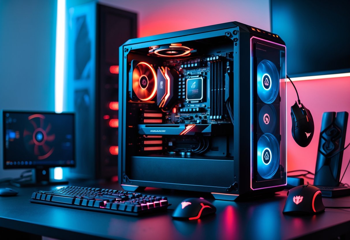 A modern workspace with an open computer case showing a CPU and GPU installed, surrounded by gaming components and peripherals on a desk.