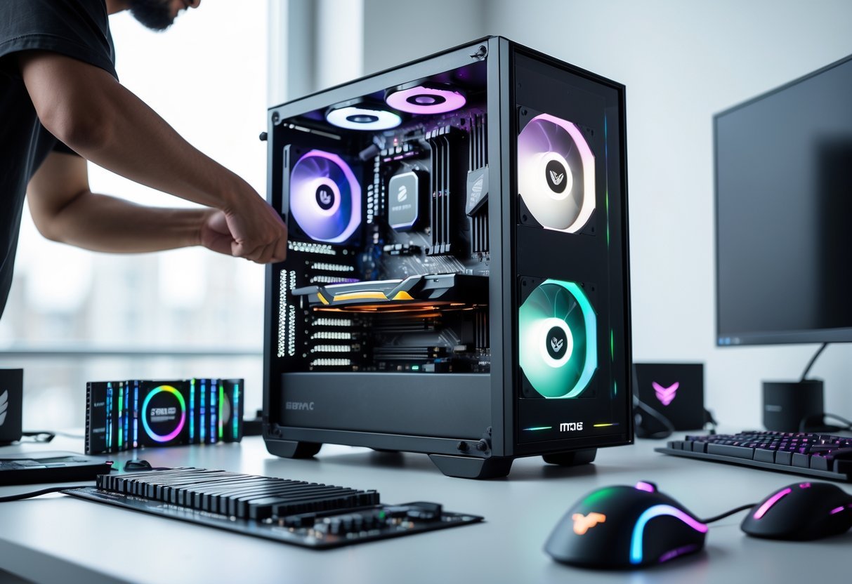 Hands assembling a gaming PC with a CPU and GPU inside an open computer case on a desk.