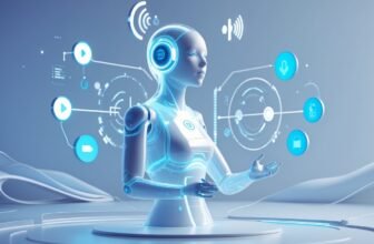 A futuristic humanoid figure surrounded by floating holographic icons representing voice commands and digital connectivity in a modern tech environment.