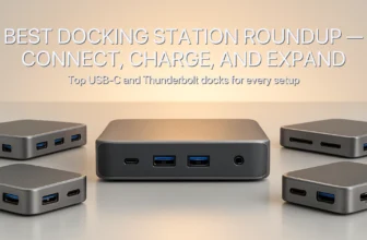 Best docking station roundup showing top USB-C and Thunderbolt docks for laptops, with multiple monitors and accessories connected in a bright workspace.
