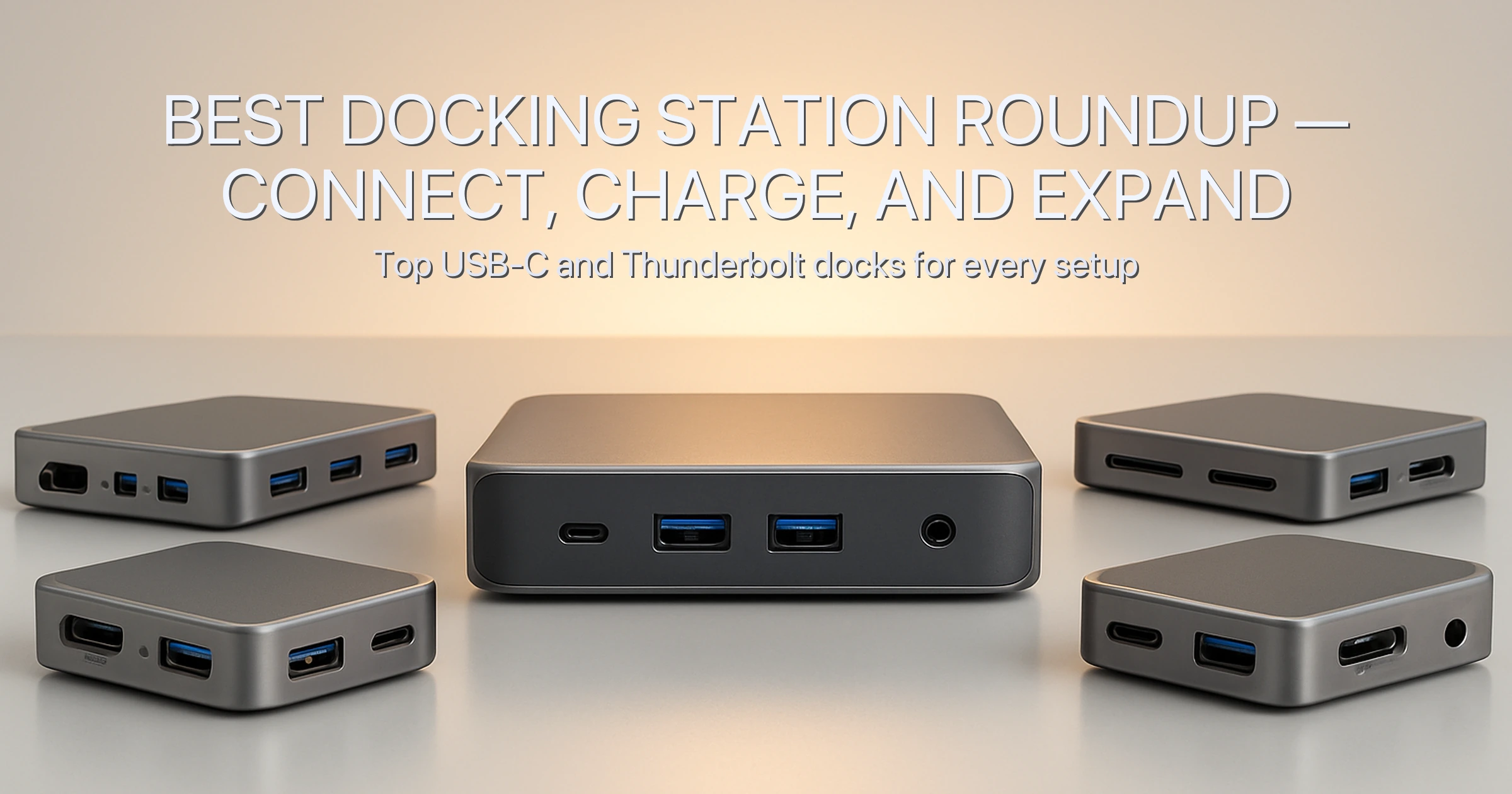 Best docking station roundup showing top USB-C and Thunderbolt docks for laptops, with multiple monitors and accessories connected in a bright workspace.