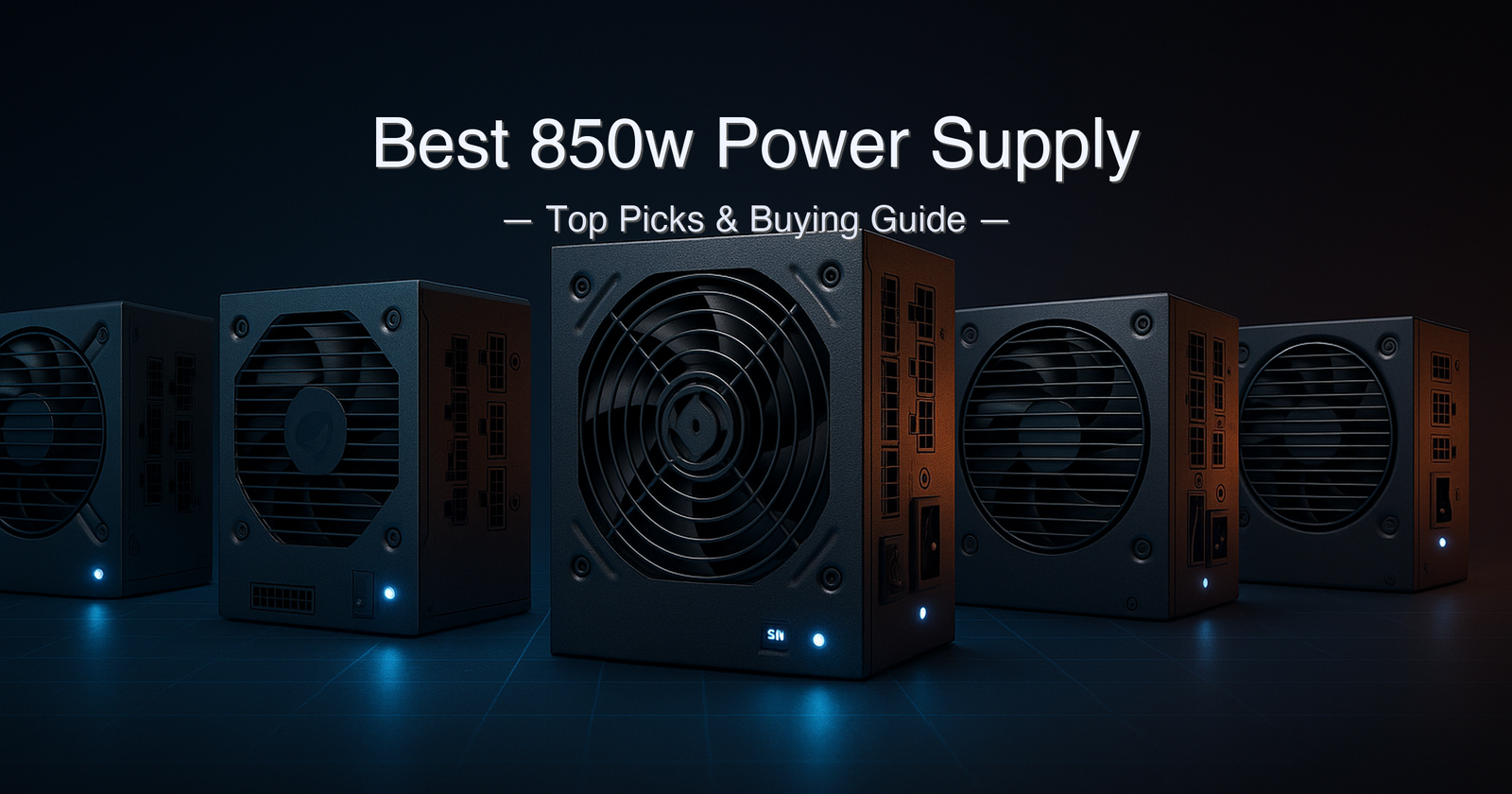 Best 850W power supply 2026 — five top-rated units compared: Corsair RM850x, Seasonic Vertex GX-850, MSI MAG A850GL, be quiet! Pure Power 12 M, and EVGA SuperNOVA 850 G5 side by side on a desk.
