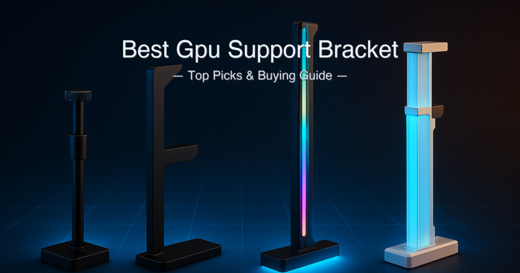 Best GPU support bracket 2026 — five picks from nkomax budget brace to ASUS ROG Herculx White Edition arranged on a PC build workbench