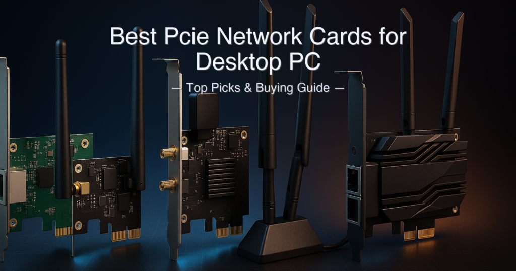 Best PCIe Network Cards for Desktop PC of 2026: WiFi 7, WiFi 6E, and 10GbE Ranked 1 Best PCIe network cards for desktop PC 2026 — MSI WiFi 7, GIGABYTE WiFi 6E, NICGIGA 10GbE, Cudy WiFi 6, and TP-Link GbE cards side by side on a motherboard