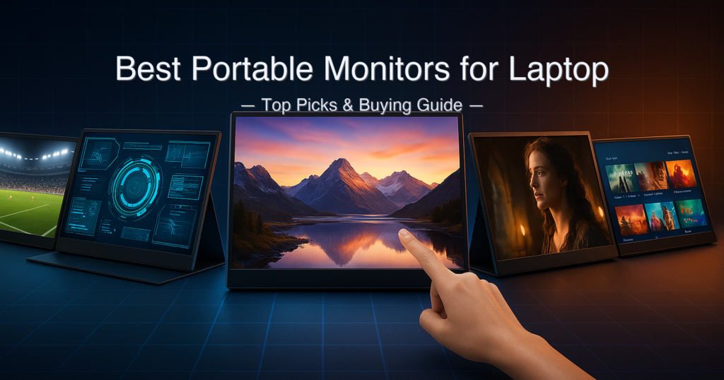 Best portable monitors for laptop 2026 — five monitors side by side: ASUS ROG XG17AHP, ARZOPA Z1RC, INNOCN N1F-PRO, ViewSonic VA1655, and InnoView 15.6"