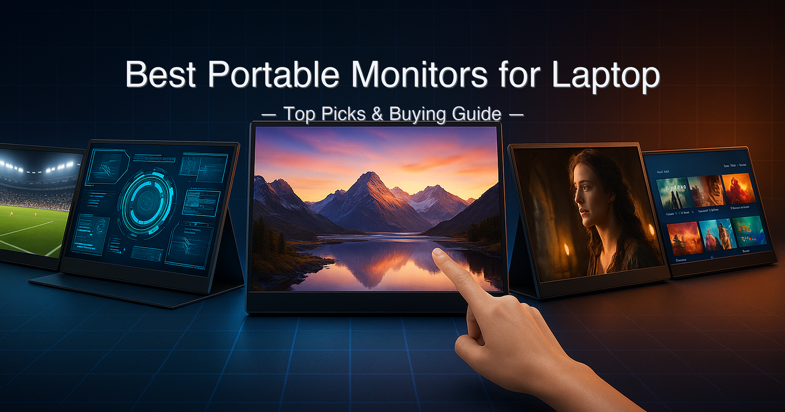 Best portable monitors for laptop 2026 — five monitors side by side: ASUS ROG XG17AHP, ARZOPA Z1RC, INNOCN N1F-PRO, ViewSonic VA1655, and InnoView 15.6"