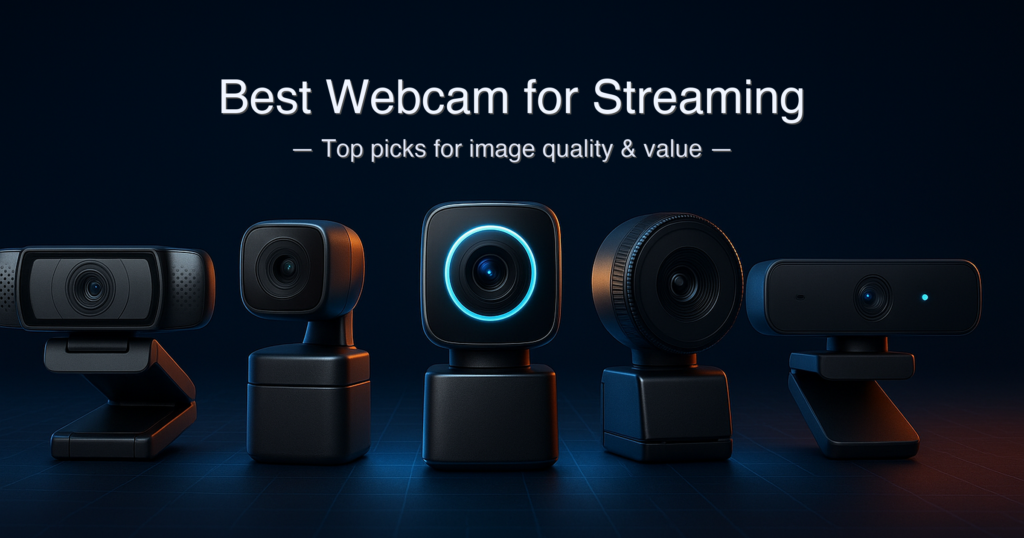 Best webcam for streaming 2026 — five top webcams compared including Insta360 Link 2, OBSBOT Tiny 2 Lite, Razer Kiyo V2, EMEET C60E, and Logitech C920 on a streaming desk setup