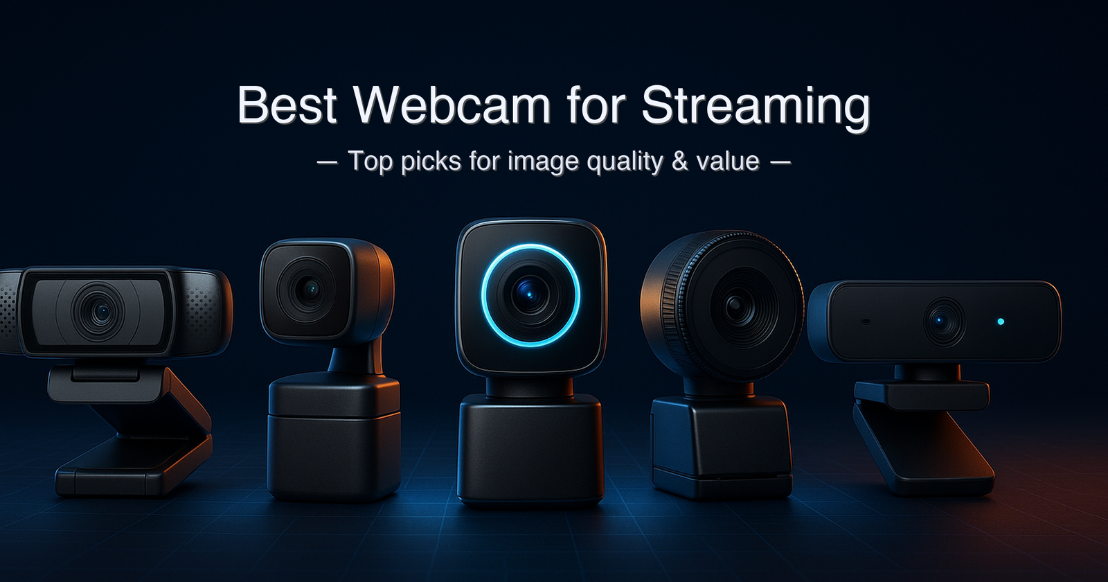 Best webcam for streaming 2026 — five top webcams compared including Insta360 Link 2, OBSBOT Tiny 2 Lite, Razer Kiyo V2, EMEET C60E, and Logitech C920 on a streaming desk setup