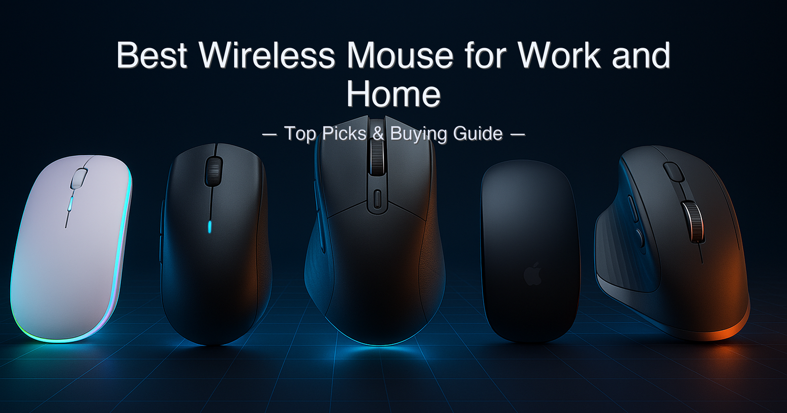Best wireless mouse for work and home 2026 — Logitech MX Master 3S, Razer Orochi V2, Keychron M3, Apple Magic Mouse, and Uiosmuph G12 side by side on a desk