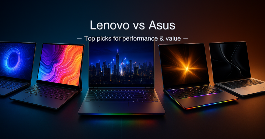 Lenovo vs ASUS: 5 Laptops Tested Across Every Price Tier in 2026 1 Lenovo vs ASUS laptop comparison 2026 — five laptops side by side including the Lenovo LOQ, ASUS ProArt PX13, Lenovo Legion Pro 7i Gen 10, MSI Raider 18 HX AI, and Apple MacBook Pro M5 Max