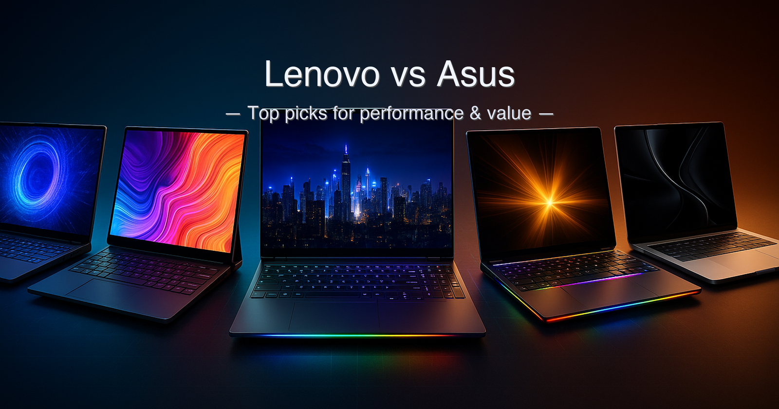 Lenovo vs ASUS laptop comparison 2026 — five laptops side by side including the Lenovo LOQ, ASUS ProArt PX13, Lenovo Legion Pro 7i Gen 10, MSI Raider 18 HX AI, and Apple MacBook Pro M5 Max