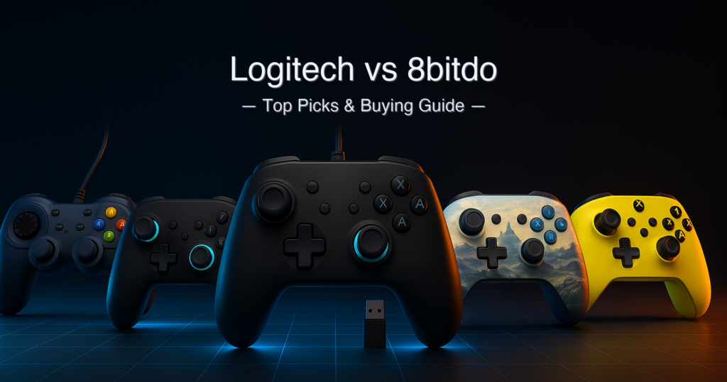 Logitech vs 8Bitdo 2026 — five top gaming controllers compared side by side: Logitech F310, 8Bitdo Ultimate 2C, GameSir G7 SE, PowerA Kingdom of Hyrule, and Xbox Electric Volt.